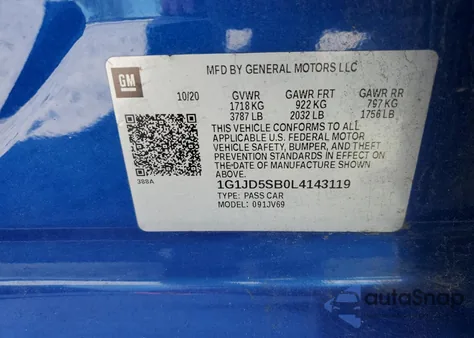 2020 Chevrolet Sonic Lt z USA, uszkodzony, nr VIN 1G1JD5SB0L4143119